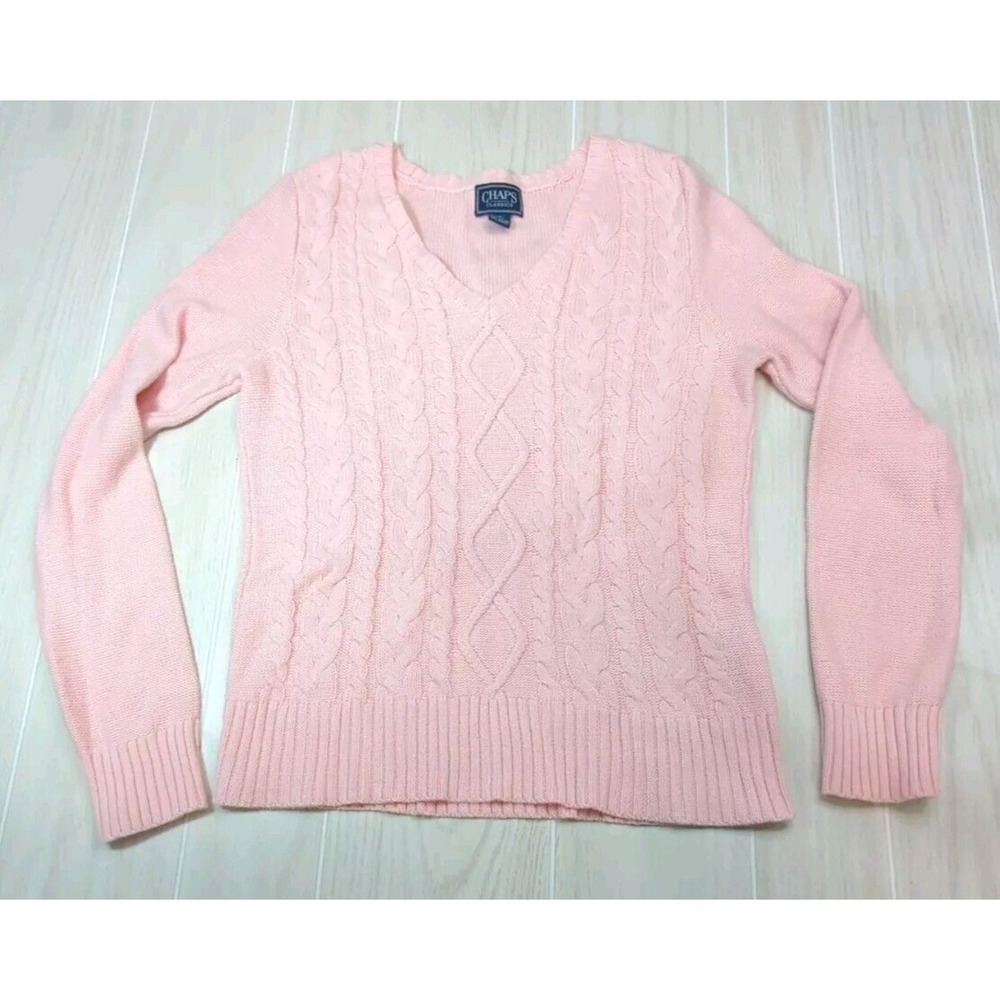 Chaps Women's M Medium pink cable knit v neck sweater cotton acrylic